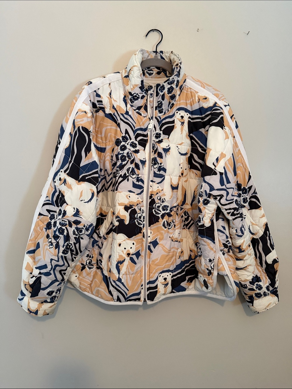 Free People Quilted Puffer Jacket in Cream, Navy & Tan